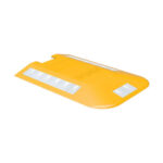 A high-visibility yellow safety foot ramp for temporary fence panels, featuring reflective white stripes and a specific cutout designed to fit seamlessly over fence bases.