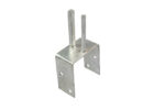 An angled studio shot of a galvanized steel saddle bracket for temporary fencing, highlighting its U-shaped base, anchor holes, and dual vertical mounting pegs designed to straddle concrete barriers.