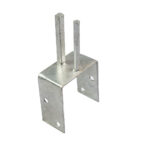 An angled studio shot of a galvanized steel saddle bracket for temporary fencing, highlighting its U-shaped base, anchor holes, and dual vertical mounting pegs designed to straddle concrete barriers.