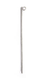 A full-length view of a galvanized steel ground pin used for anchoring temporary fence bases, featuring a solid rod with an angled tip and a welded top ring for easy removal.