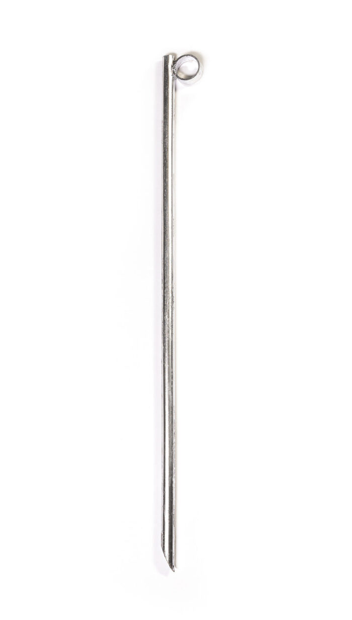 A full-length view of a galvanized steel ground pin used for anchoring temporary fence bases, featuring a solid rod with an angled tip and a welded top ring for easy removal.