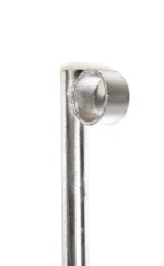 A close-up view of the top section of a galvanized steel ground pin, highlighting the securely welded circular ring designed to provide leverage when pulling the stake from the ground.