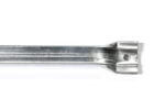 Detailed close-up view of the flattened top connector end of a temporary fence windbrace tube, showing a single pre-drilled hole