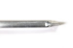Detailed close-up view of the flattened connector end of a metal windbrace pole, designed to bolt onto a fence panel frame.