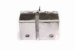 Direct top-down view of the galvanized steel anchor base plate, showing the central slotted tab and corner anchoring holes.