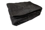 A neatly folded section of heavy-duty black privacy mesh screen, designed to attach to temporary fence panels for wind reduction and site concealment.