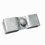 A close-up, top-down view of a heavy-duty galvanized steel security clamp, showcasing its smooth carriage bolt head and dual-channel design.