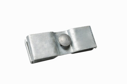 A close-up, top-down view of a heavy-duty galvanized steel security clamp, showcasing its smooth carriage bolt head and dual-channel design.