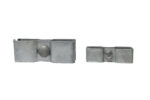 A direct front view comparing two sizes of galvanized steel security clamps: a larger model with a smooth round bolt head on the left, and a smaller model with a hex bolt head on the right.