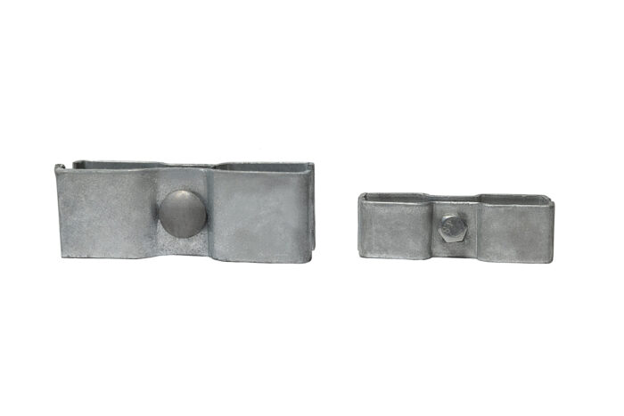 A direct front view comparing two sizes of galvanized steel security clamps: a larger model with a smooth round bolt head on the left, and a smaller model with a hex bolt head on the right.
