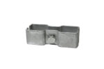 The back side of a galvanized steel security clamp, highlighting the hexagonal bolt head used to secure the metal brackets around fence panels.