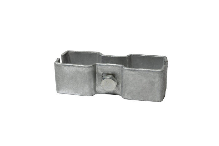 The back side of a galvanized steel security clamp, highlighting the hexagonal bolt head used to secure the metal brackets around fence panels.