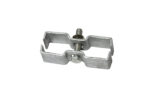An inside view of a separated galvanized steel security clamp, showing the central threaded bolt and hex nut used to tighten the two bracket halves together.