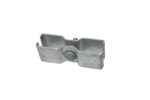 An angled view of a galvanized steel security clamp for temporary fencing, featuring a smooth, tamper-resistant carriage bolt head.