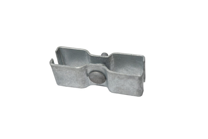 An angled view of a galvanized steel security clamp for temporary fencing, featuring a smooth, tamper-resistant carriage bolt head.