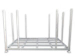 A heavy-duty galvanized steel storage rack designed to securely hold and stack multiple temporary fence panels horizontally for compact site storage.