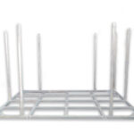 A heavy-duty galvanized steel storage rack designed to securely hold and stack multiple temporary fence panels horizontally for compact site storage.