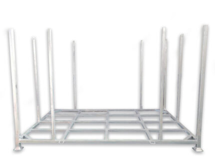 A heavy-duty galvanized steel storage rack designed to securely hold and stack multiple temporary fence panels horizontally for compact site storage.