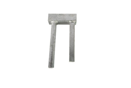 A direct front view of a heavy-duty galvanized steel temporary fence top connector, highlighting its solid rectangular top cap welded to one round peg and one square peg for securely locking adjacent panels together.