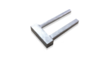 An angled isometric view of a galvanized steel top connector for temporary fencing, featuring a flat rectangular top bar and two downward insertion pegs set against a solid black background.