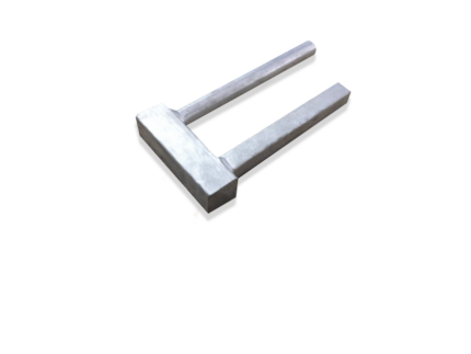 An angled isometric view of a galvanized steel top connector for temporary fencing, featuring a flat rectangular top bar and two downward insertion pegs set against a solid black background.