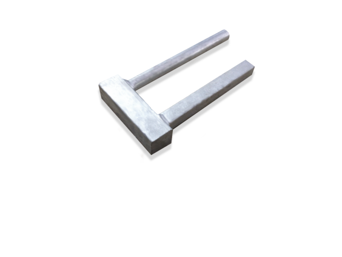 An angled isometric view of a galvanized steel top connector for temporary fencing, featuring a flat rectangular top bar and two downward insertion pegs set against a solid black background.