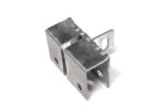 A side profile view of a flat galvanized steel anchoring base, highlighting the profile of the central slotted vertical tab.