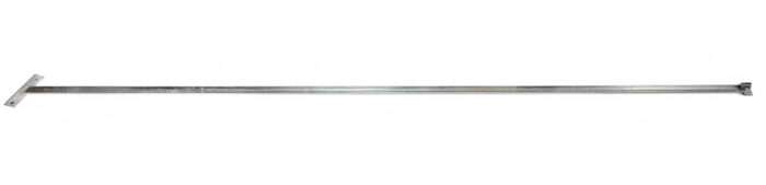A full panoramic view of a single, uninstalled galvanized steel windbrace component, showing the angled base on the left and flattened connector on the right.