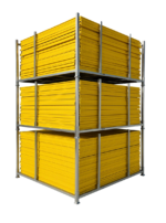 Three galvanized steel storage racks stacked three tiers high, each fully loaded with yellow temporary fence panels for space-saving storage.