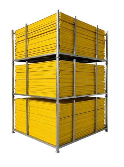 Three galvanized steel storage racks stacked three tiers high, each fully loaded with yellow temporary fence panels for space-saving storage.