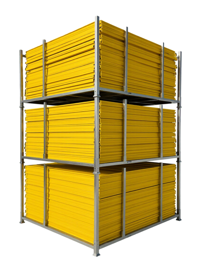 Three galvanized steel storage racks stacked three tiers high, each fully loaded with yellow temporary fence panels for space-saving storage.