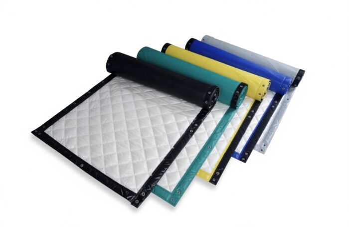 A display of several rolled-up quilted acoustic noise barrier blankets in various colors including black, green, yellow, blue, and gray, revealing the white diamond-stitched sound-absorbing interior and reinforced edges with grommets.